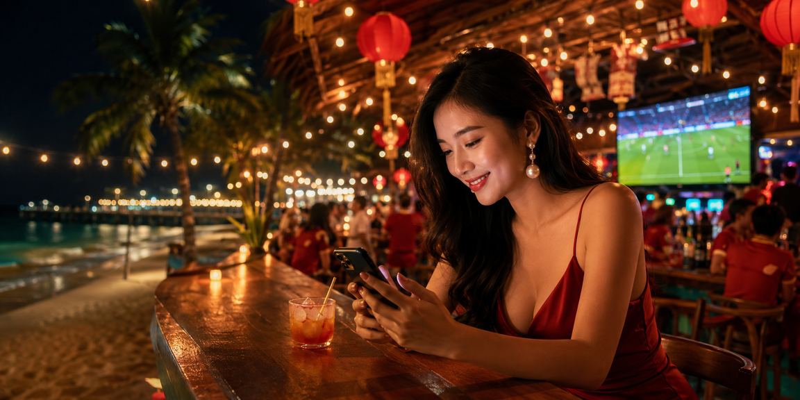 Người chơi thư giãn trên bãi biển Phú Quốc và chơi Slot trên điện thoại